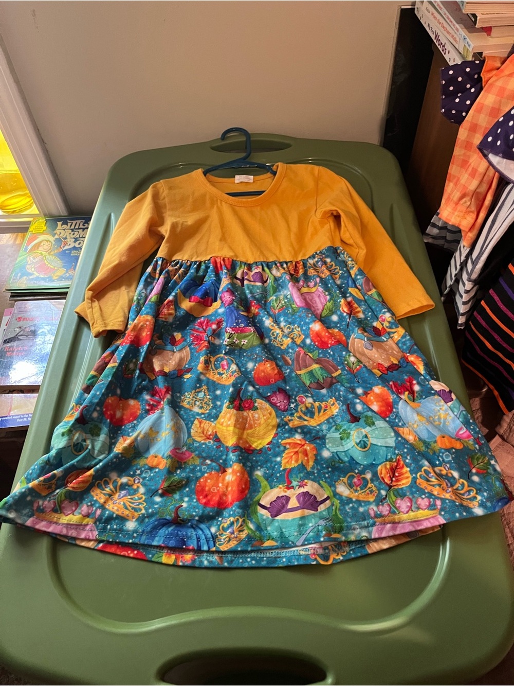 Girls' Mustard Yellow Top with Vibrant Princess Print Skirt Dress